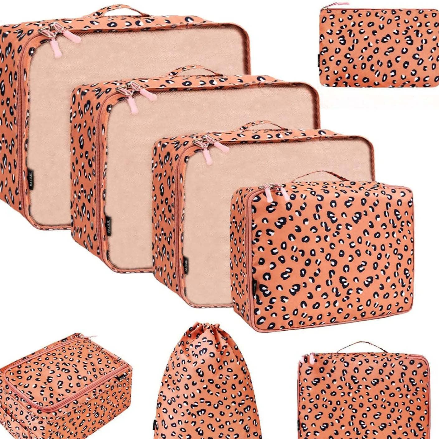 Cubic eight-piece travel packing set showing compression bags in various colours including beige, black, and pink leopard print