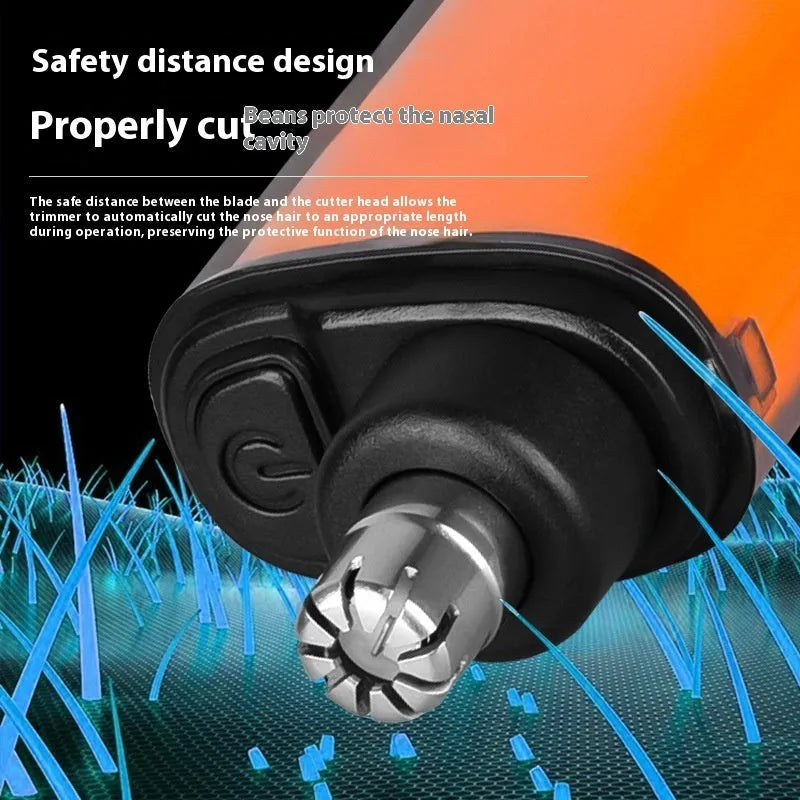Rechargeable nose hair trimmer with digital display showing black, blue and orange colour options