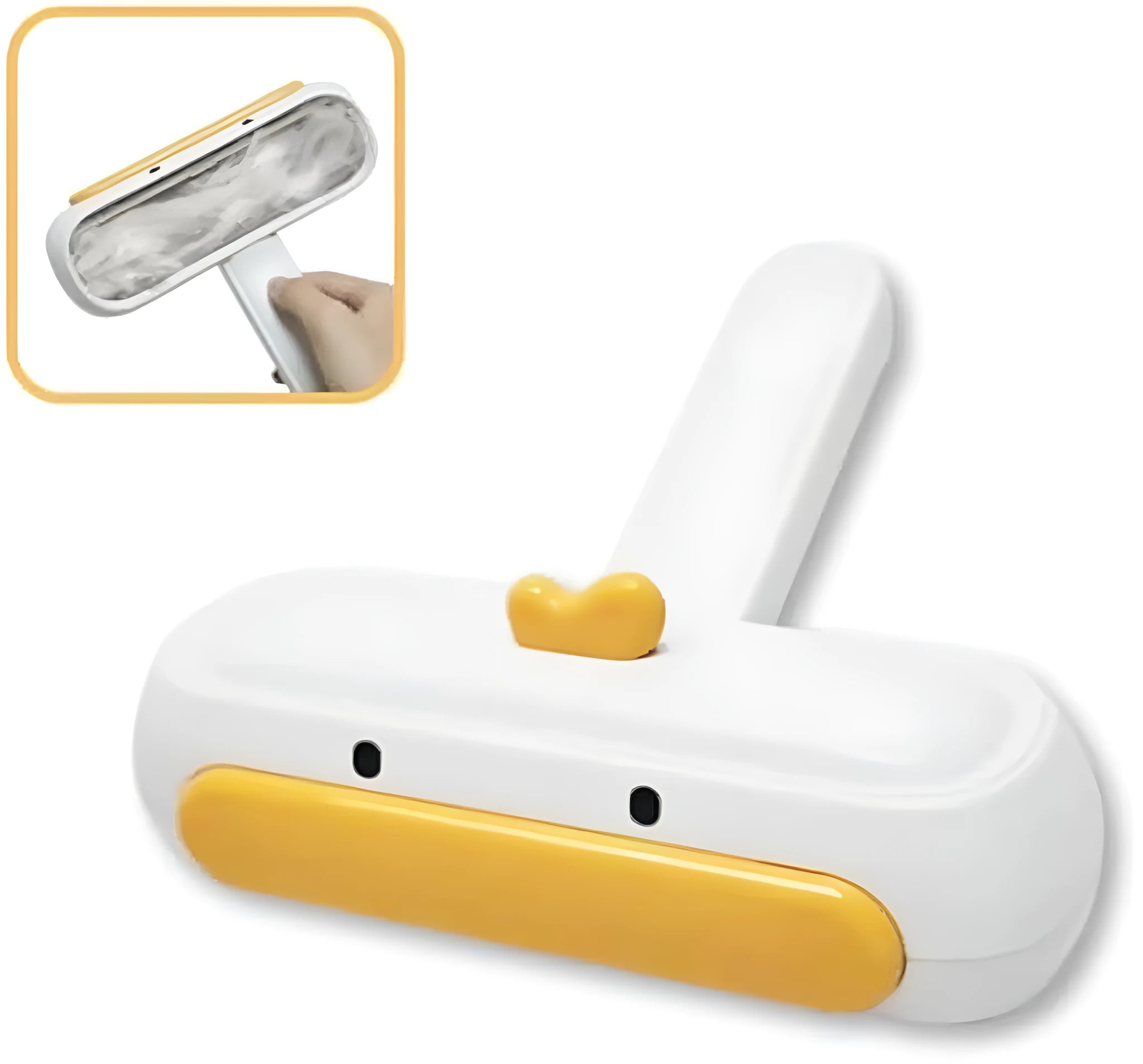 White portable pet hair remover with yellow duck design and polyester bristles for cleaning furniture