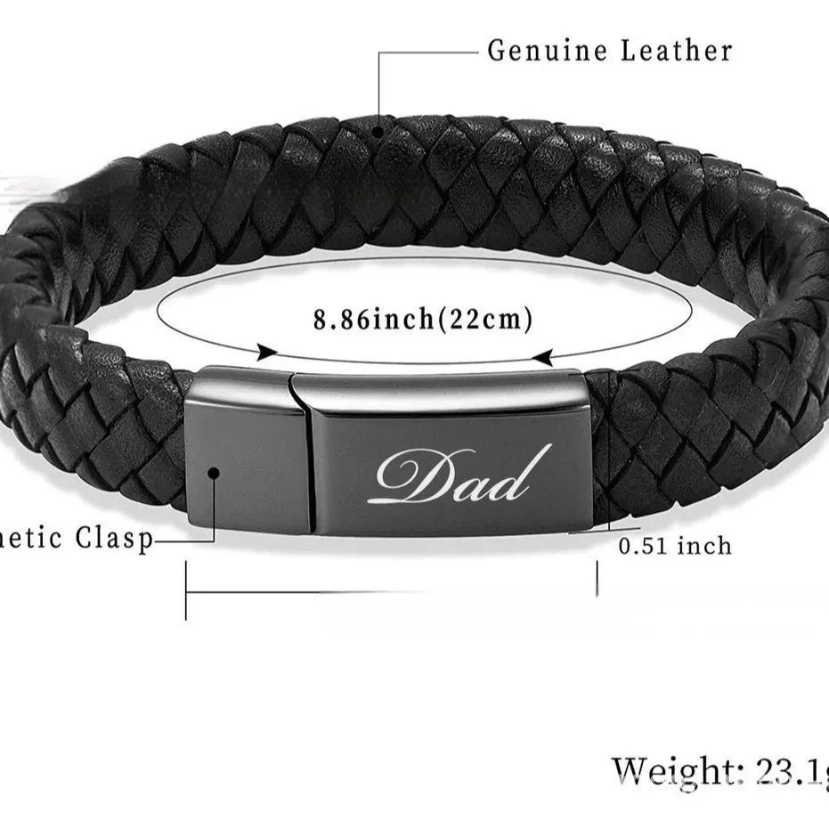 Black stainless steel bracelet with leather cinerary charm and engraved text, presented in a gift box.