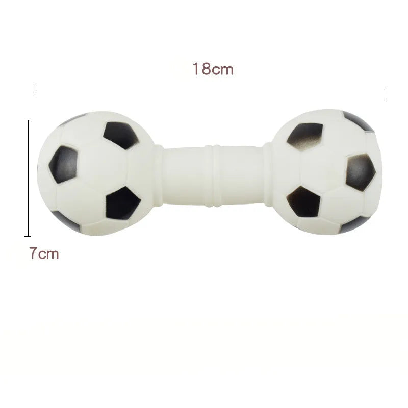 Colourful PVC squeaky dog toy shaped like a football dumbbell on a white background.