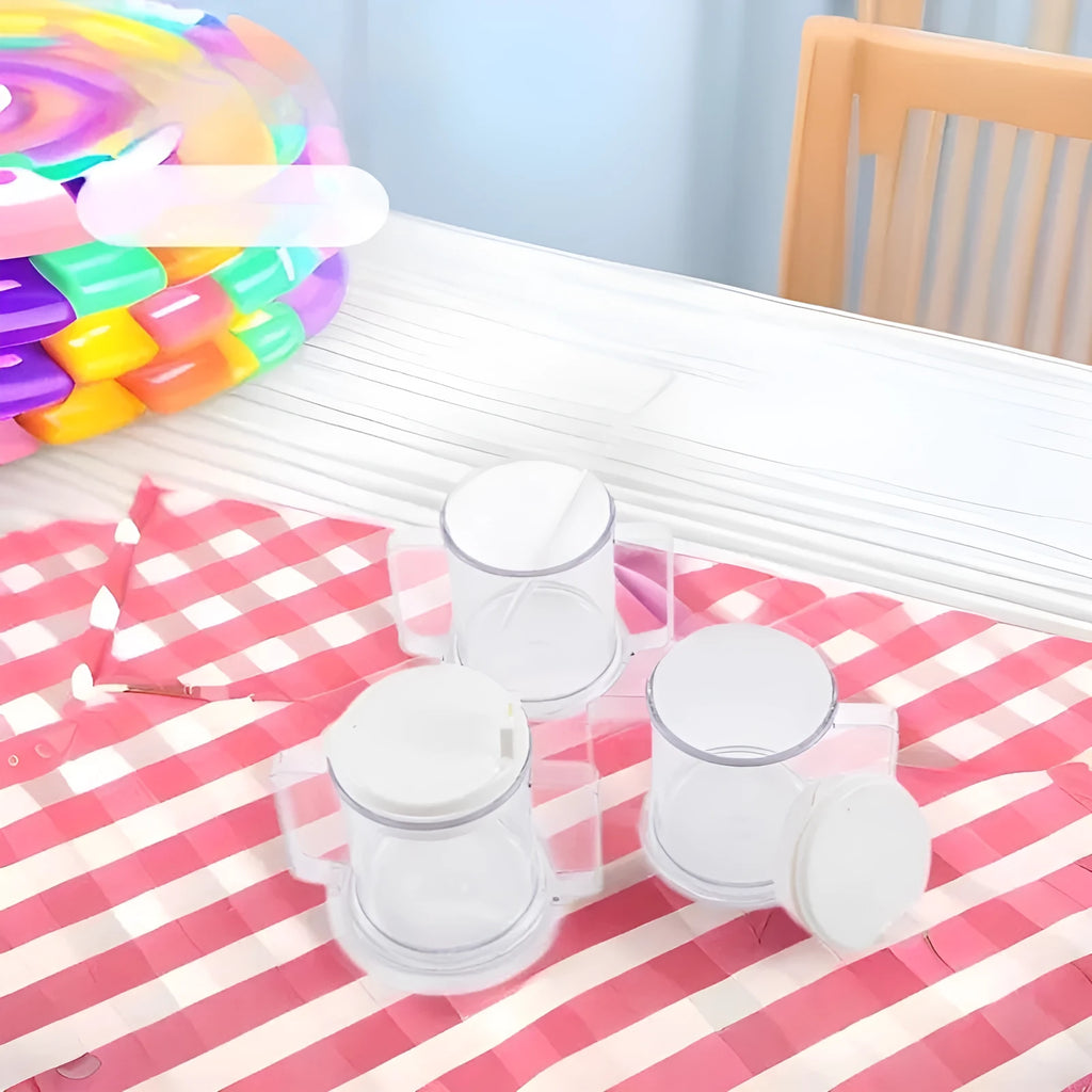 Transparent spill-proof drinking cup with PP plastic construction showing dimensions