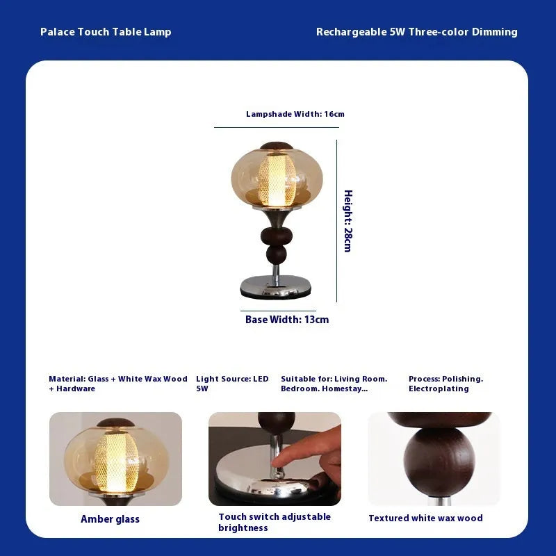 Wooden rechargeable table lamp with touch switch and three-colour dimmable light
