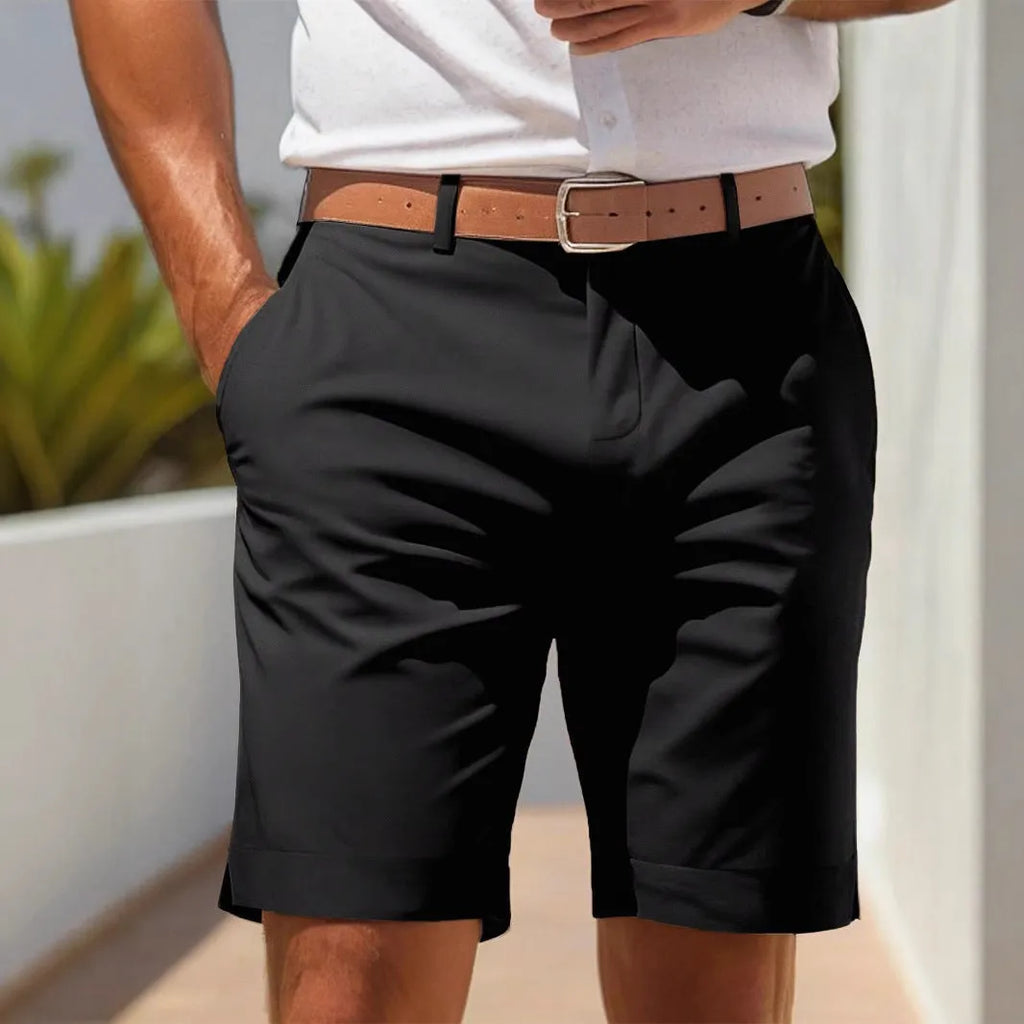 Men's light grey straight-leg business suit shorts made from polyester fabric, laid flat.