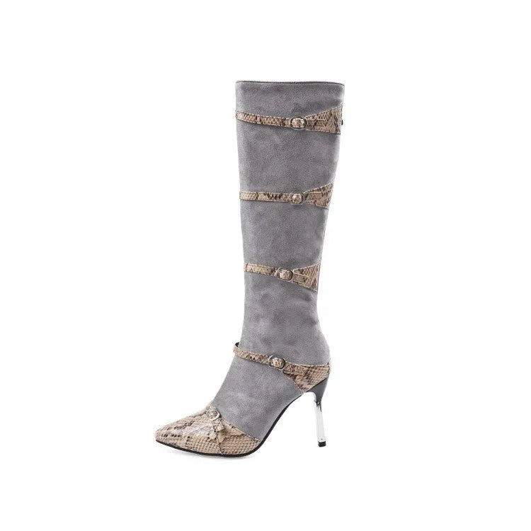 Grey and black women's knee high boots with thin 9cm high heels on a rubber sole.