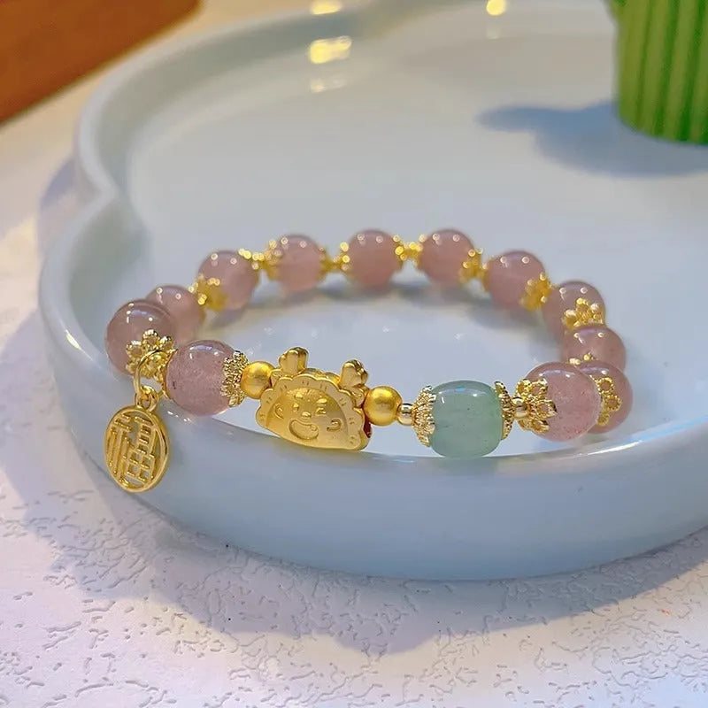 Glass floral ice crack bracelet with coloured glaze, red beads, pink beads, and white pearl accents