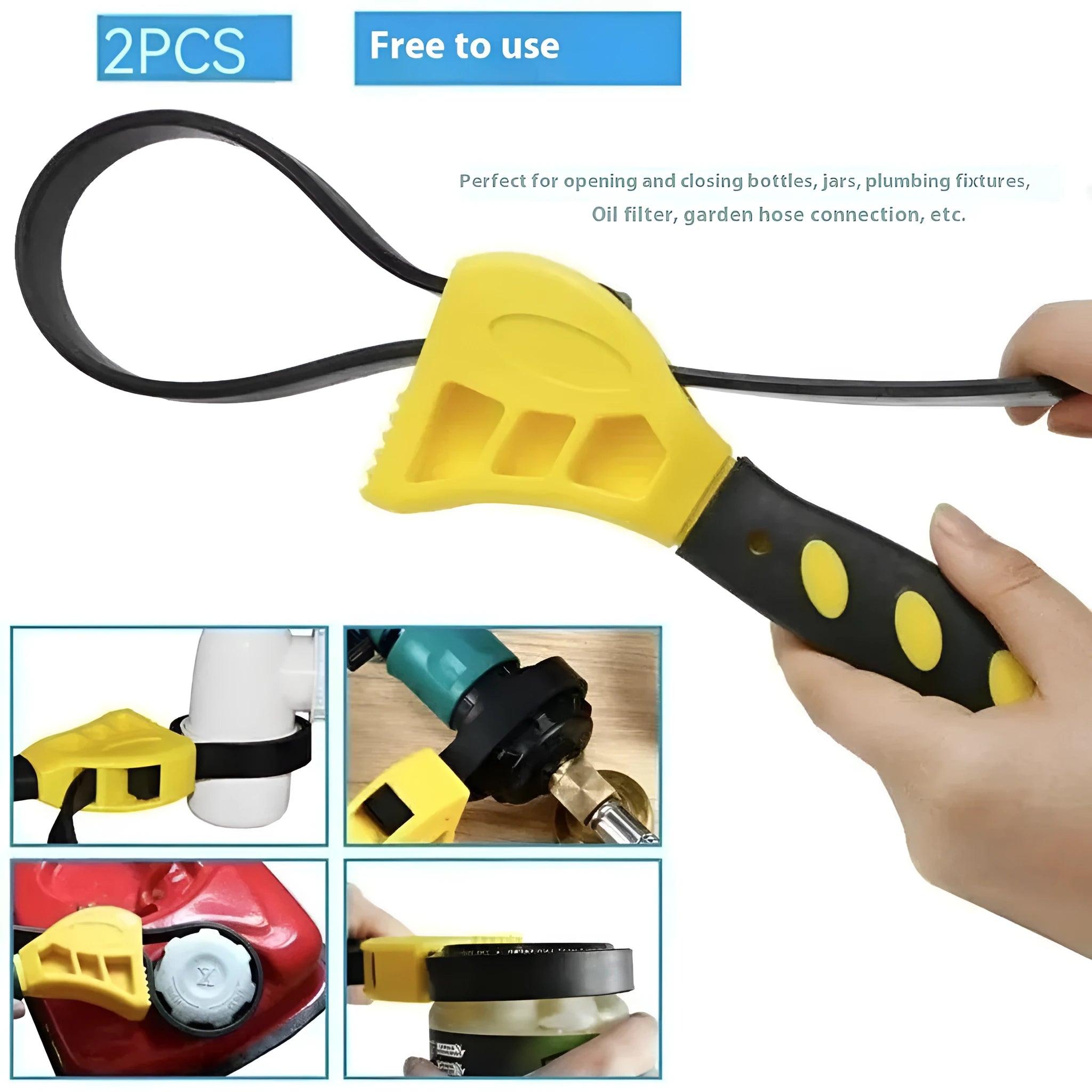 Set of two adjustable rubber strap wrenches, 6-inch and 8-inch sizes, on a workshop bench.
