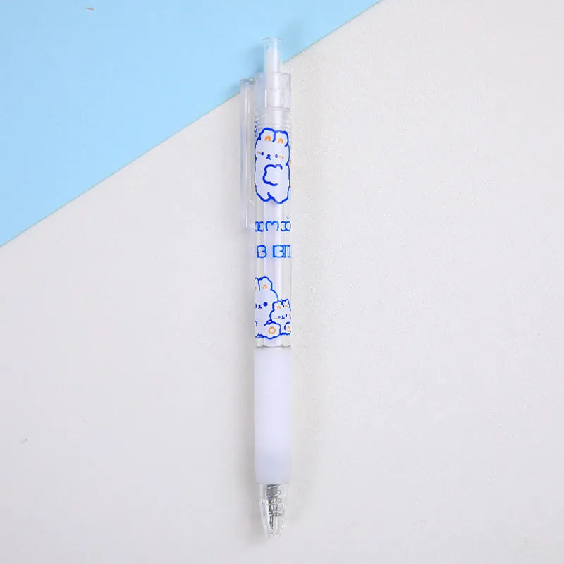 Six cream-coloured press pen knives with bear and rabbit character designs including orange bear, doll bear, and bowtie rabbit