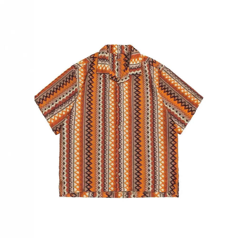 Loose fit Cuban collar shirt in a woven contrast colour pattern with drop-shoulder short sleeves.