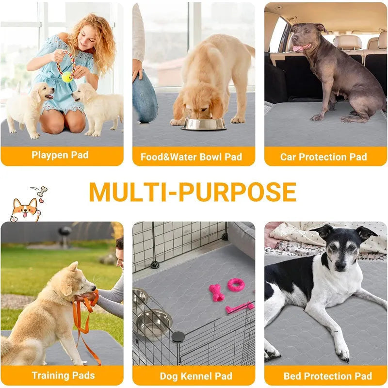 Set of two neutral-coloured washable dog pee pads on a wooden floor.