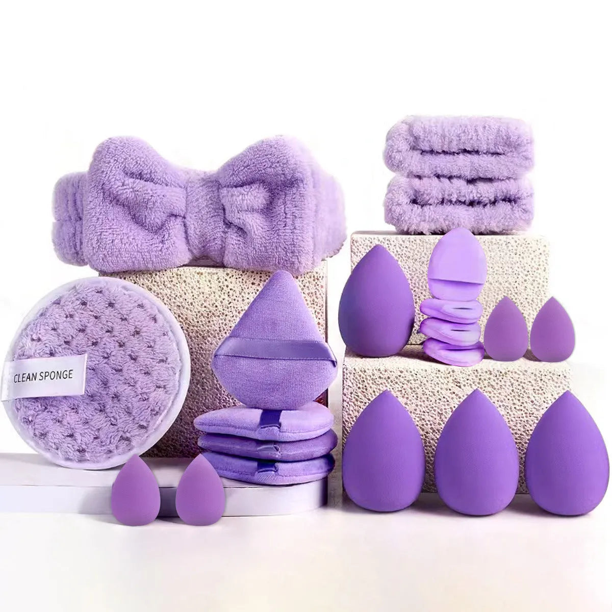 Hydrophilic non-latex beauty tools set in brown, pink and purple colours for facial cleansing and makeup