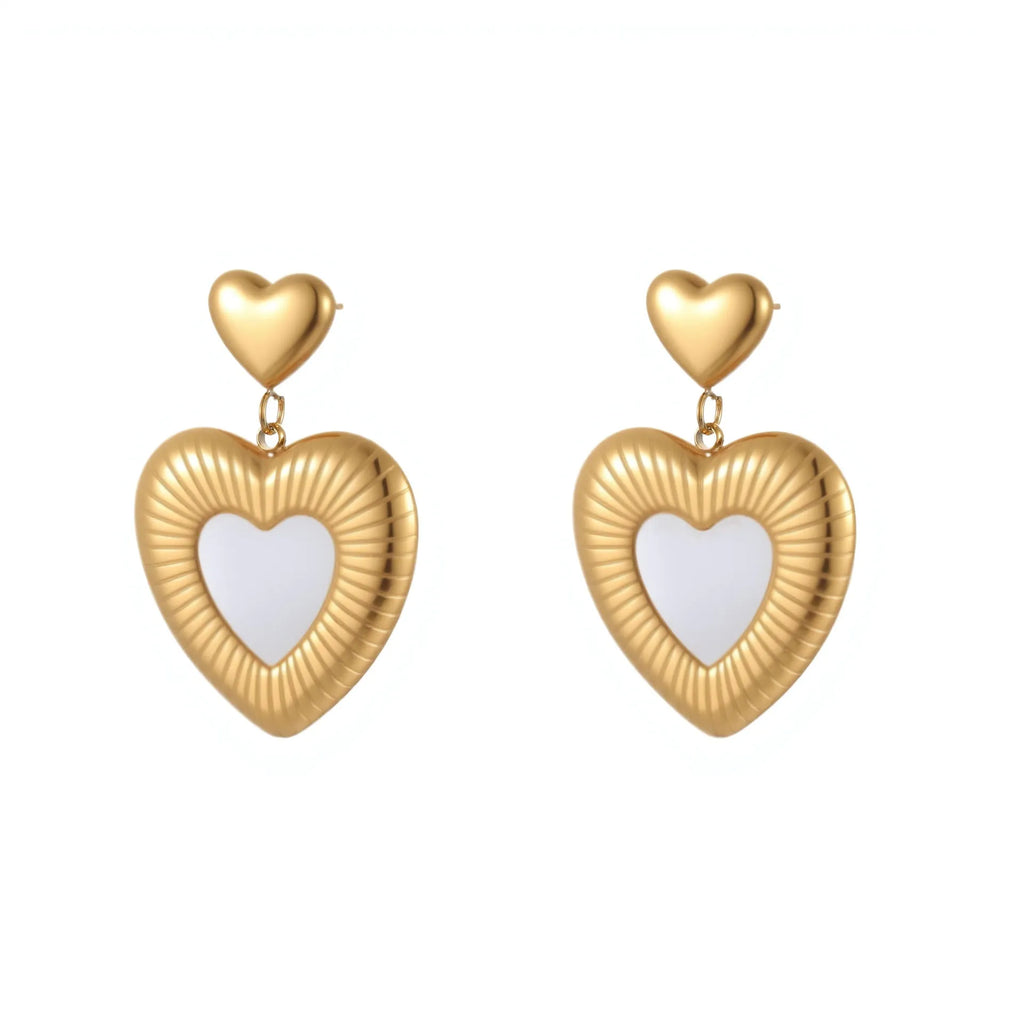 Stainless steel heart-shaped earrings with white fritillary design and 18K gold electroplating finish