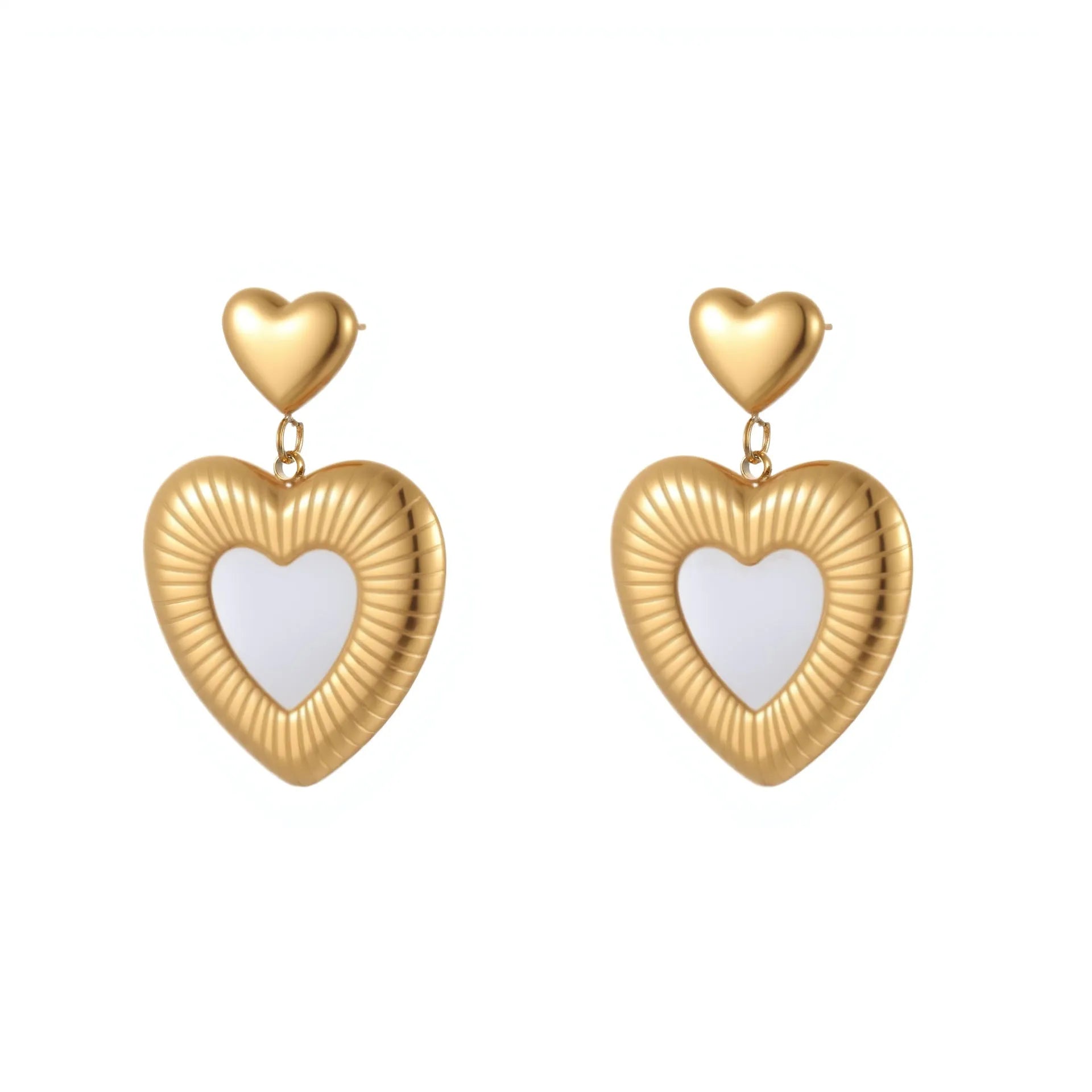 Stainless steel heart-shaped earrings with white fritillary design and 18K gold electroplating finish