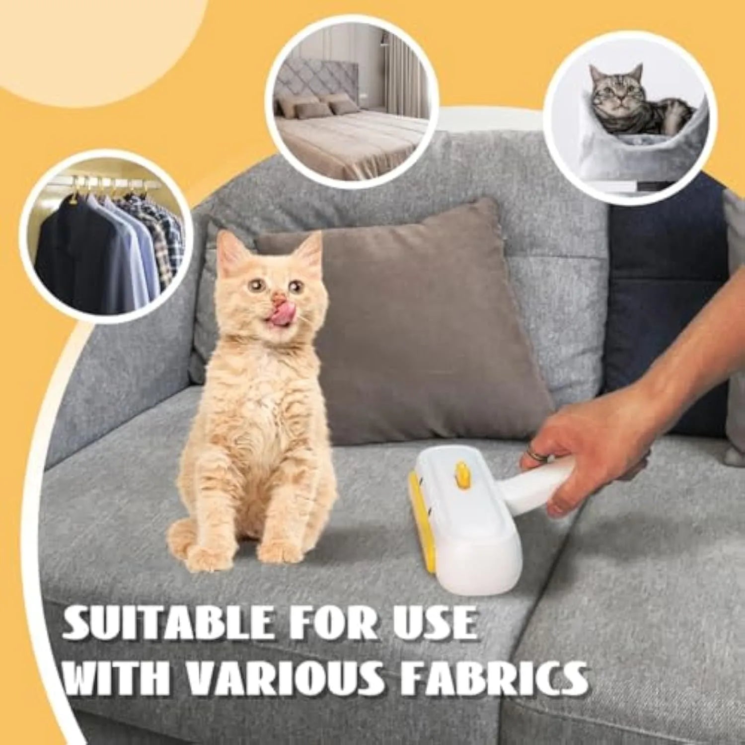 White portable pet hair remover with yellow duck design and polyester bristles for cleaning furniture