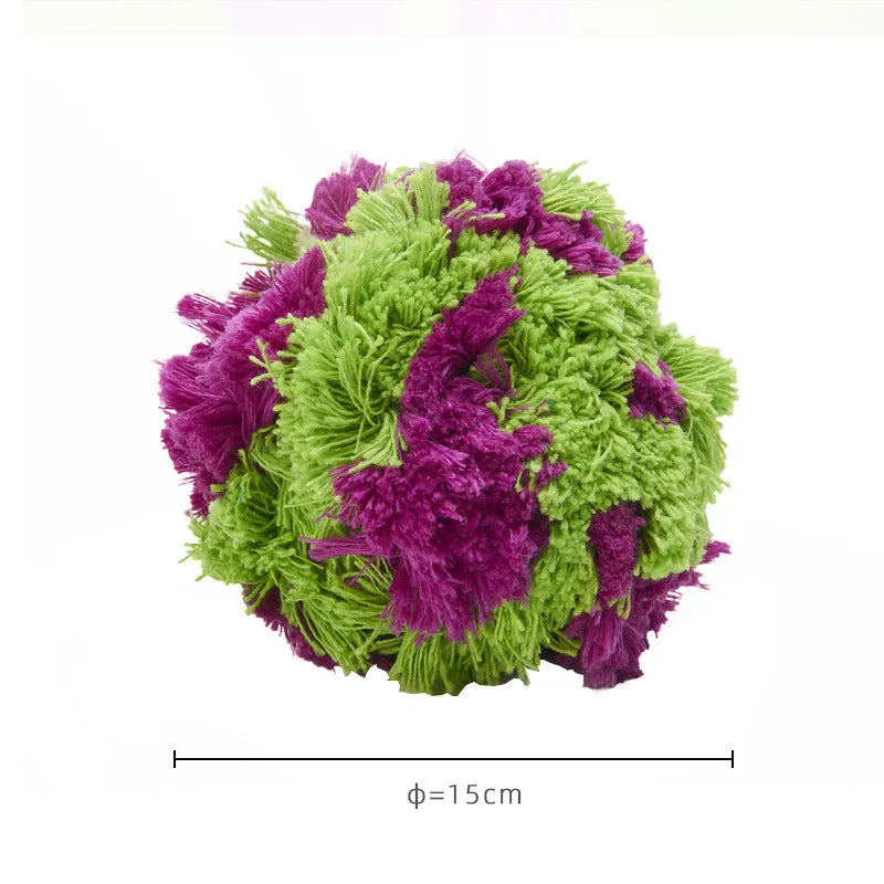 Purple plush seaweed ball dog chew toy measuring 15cm diameter for interactive play