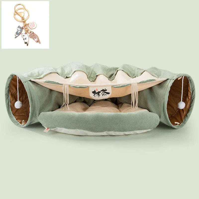 Collapsible fabric cat tunnel toy in bar, coffee, matcha, or pink colours, showing 45cm dimensions