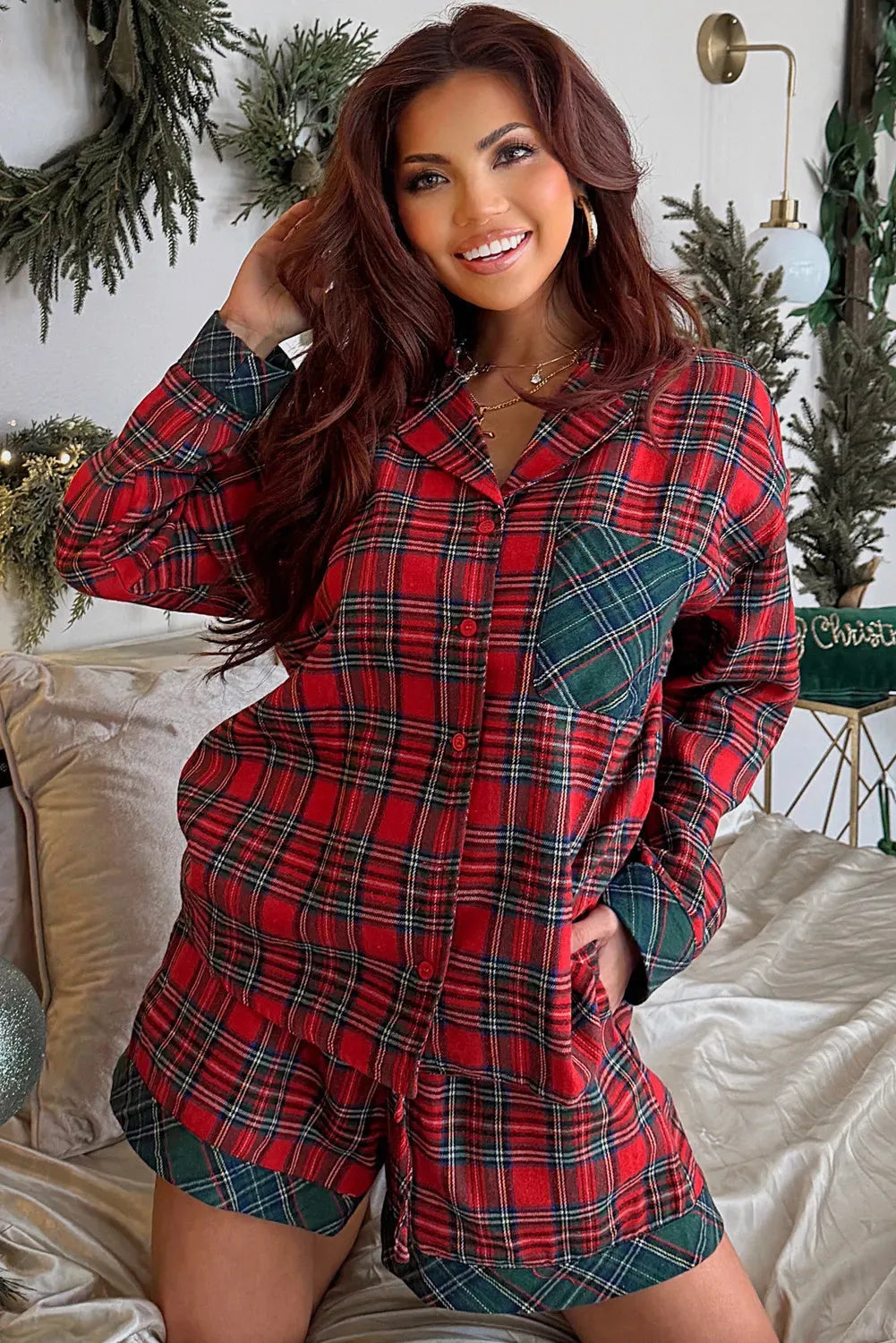 Red plaid long sleeve pyjama shirt and matching shorts set for Christmas.