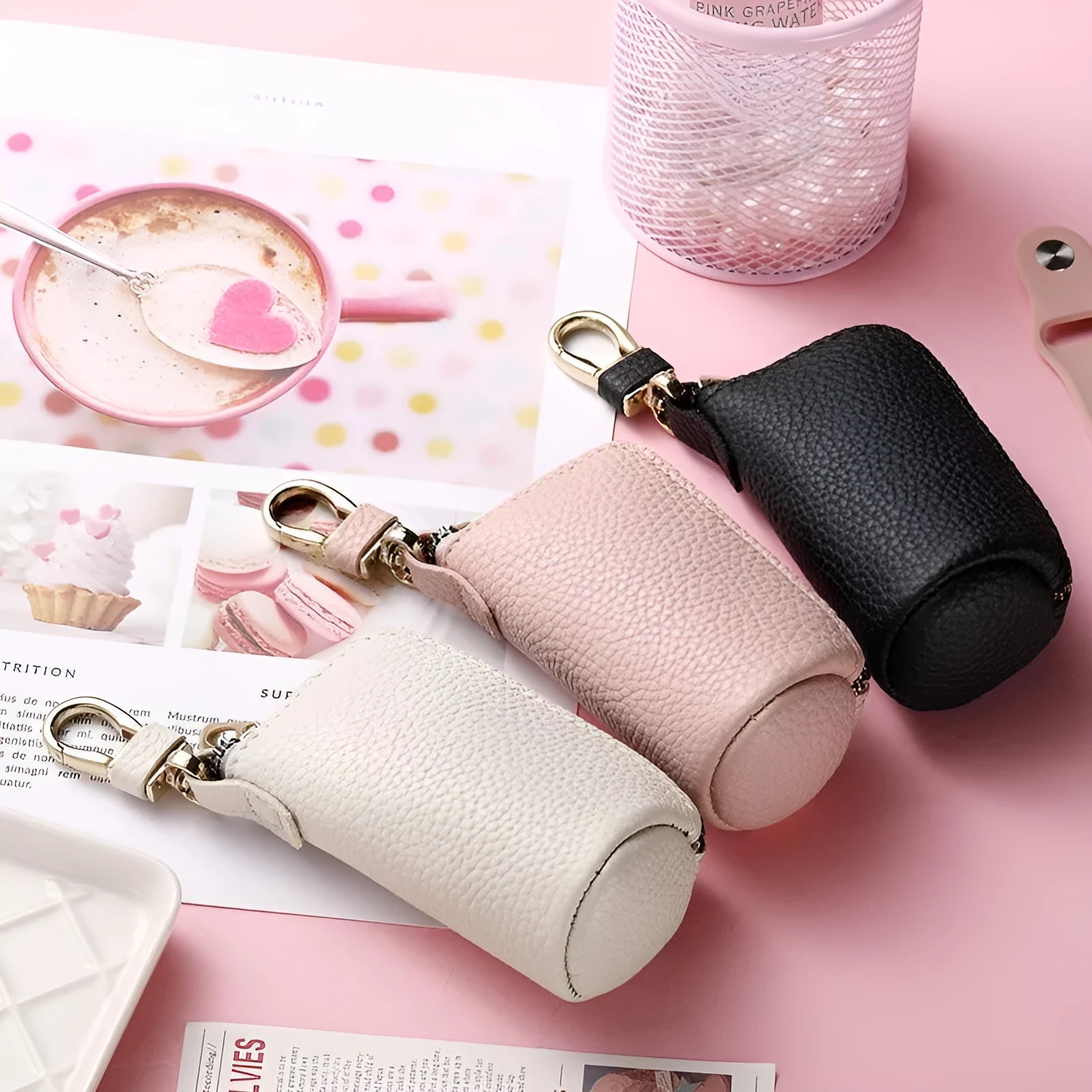 Men's waterproof PU zipper key ring organiser in black, grey, and pink macaron colours