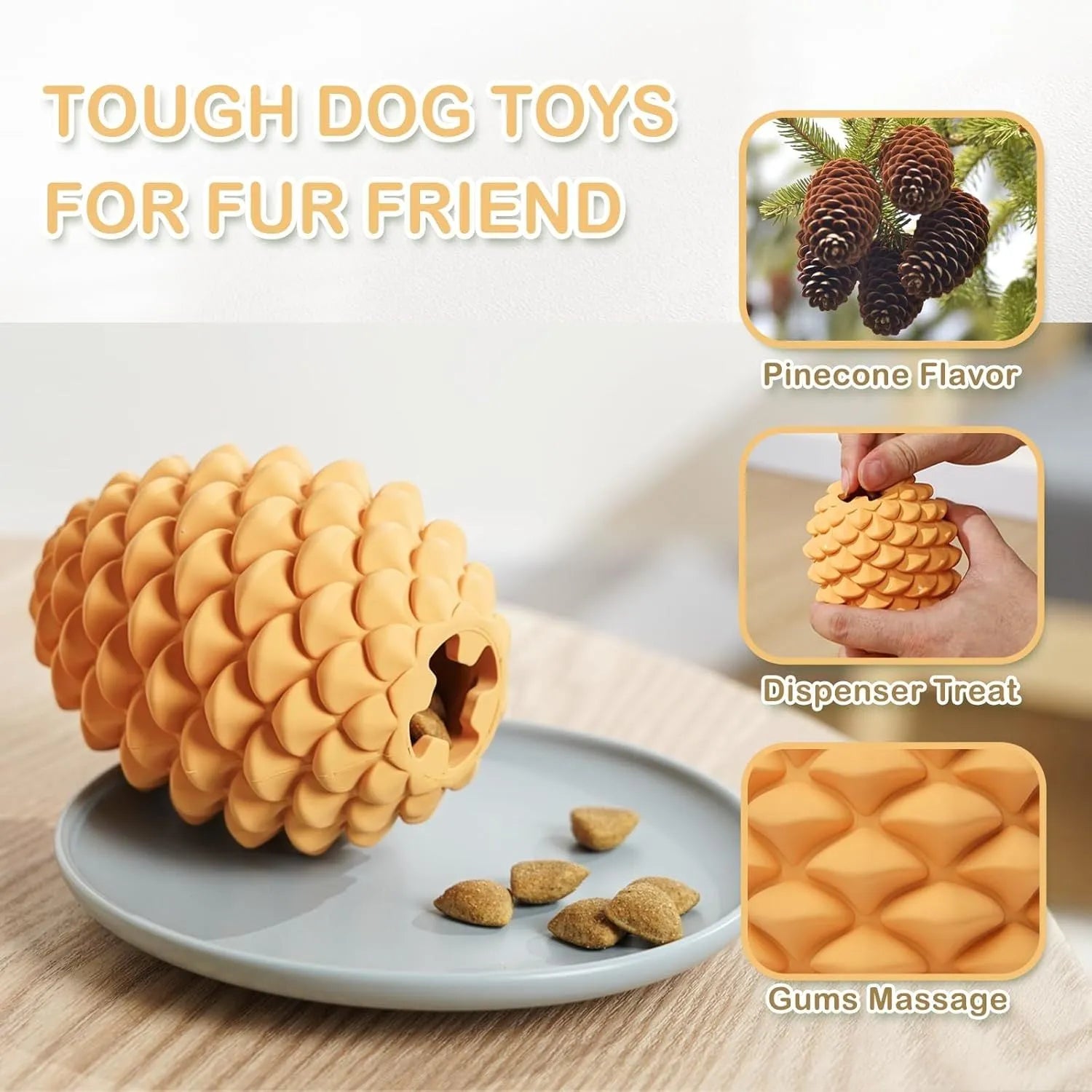 Yellow natural rubber pine cone-shaped dog toy with treat dispenser hole for medium and large dogs.
