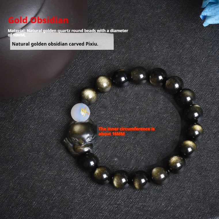 Natural obsidian bracelet with 10mm beads in gold, silver, or black finish.