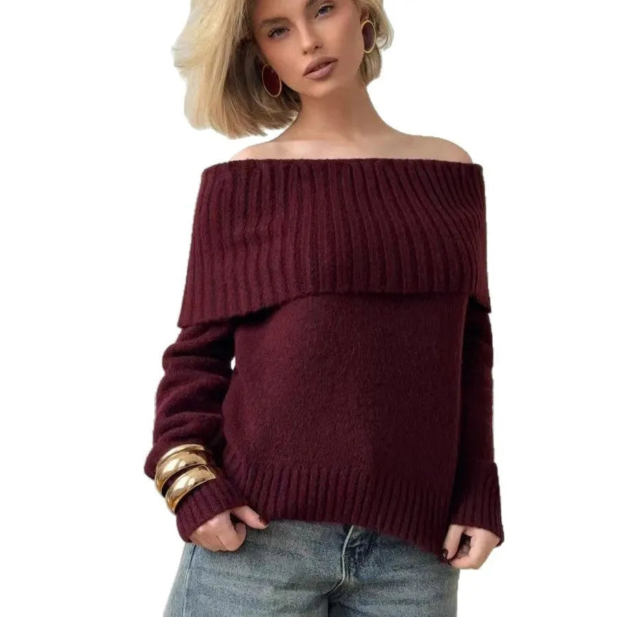 Grey off-the-shoulder sweater with 3D pattern texture and regular sleeves