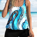 Blue tie-dye women's swimsuit with floral split pattern in extended plus sizes