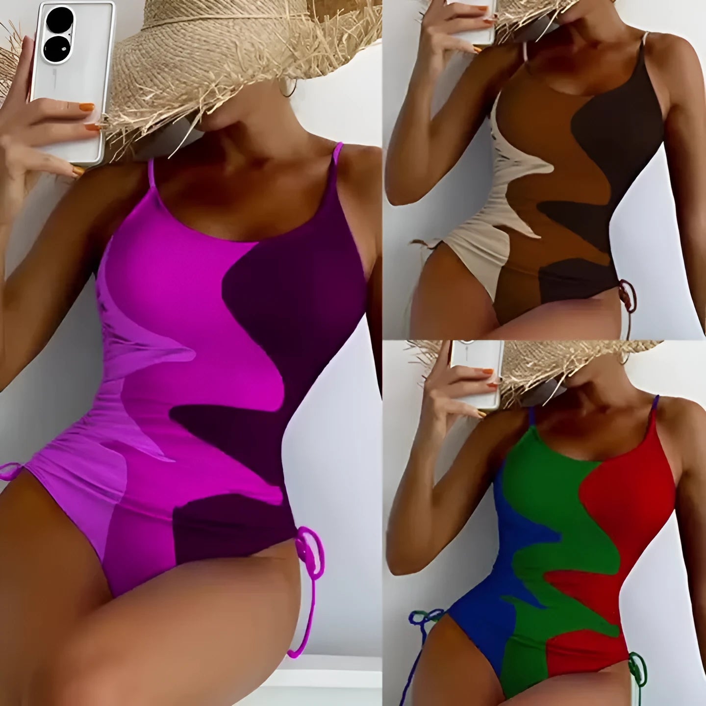 Women's blue one-piece sleeveless swimsuit with fixed swimming trunks on a mannequin.