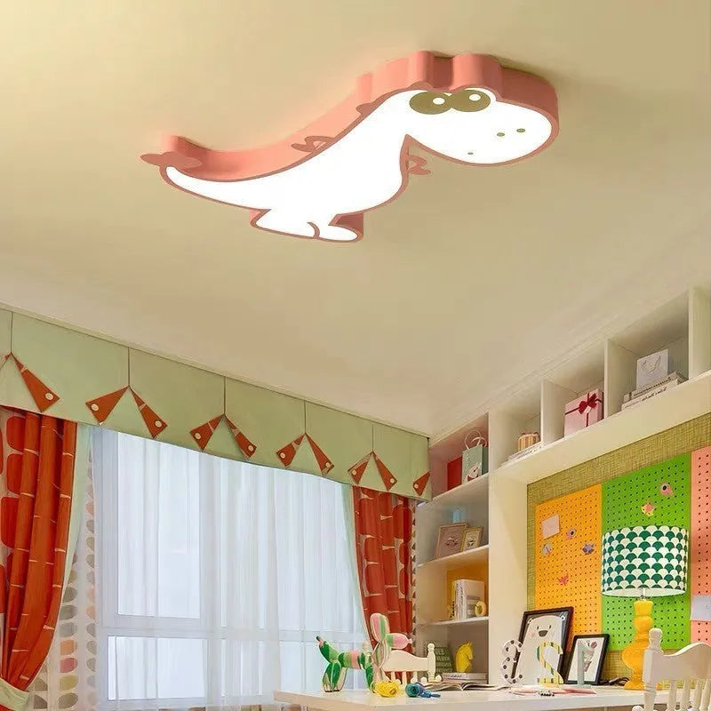 Green cartoon dinosaur ceiling light with dimming for a child's bedroom