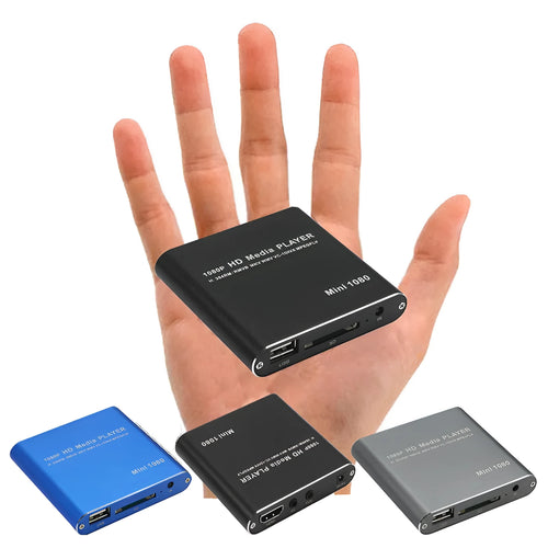 Compact black HDMI media player with USB port and remote control for 1080P video playback