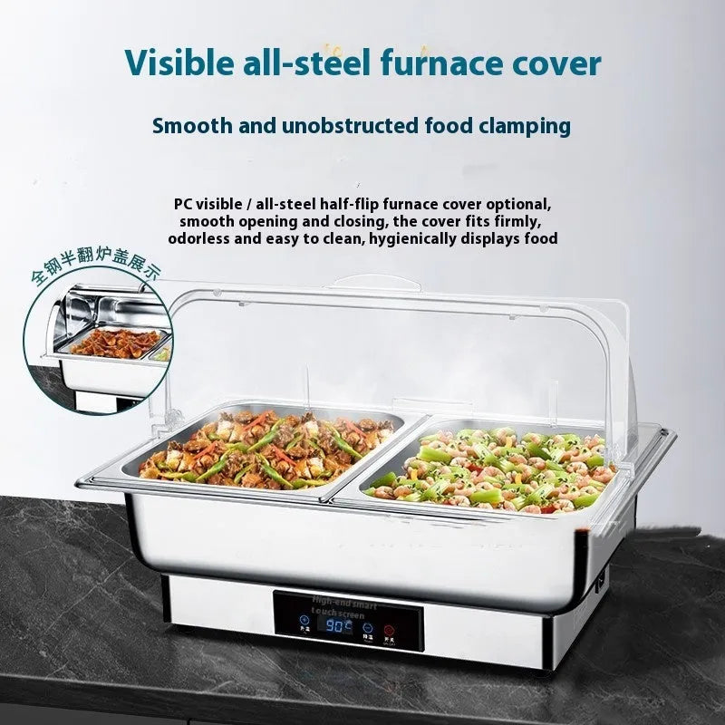 Stainless steel electric buffet food warmer with transparent flip lid and LCD control screen.