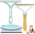 Three reusable pet hair removal tools: a metal lint shaver, a silicone brush, and a round scraper for sofas and cars.