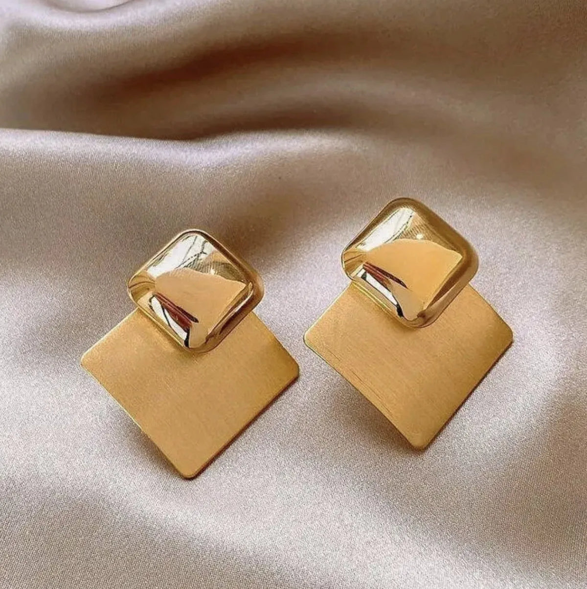 Gold brushed square stud earrings for women with alloy body and 925 silver needle, shown in 4.5cm and 3.5cm sizes