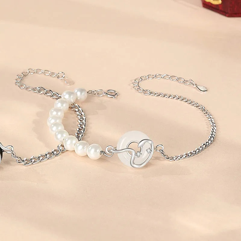 925 sterling silver couple bracelet with obsidian pearl and safe buckle in New Chinese style