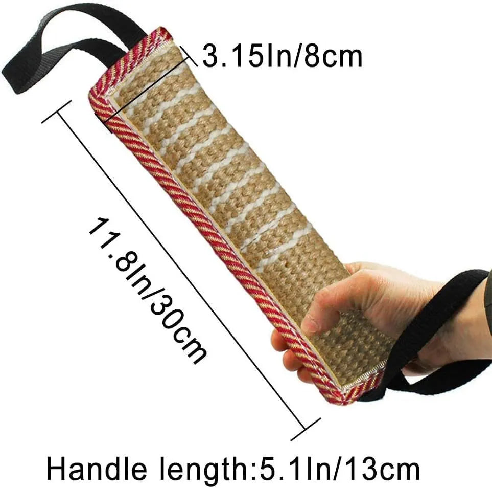 Beige jute dog tug toy with double stitching and two handles for small and medium dog training