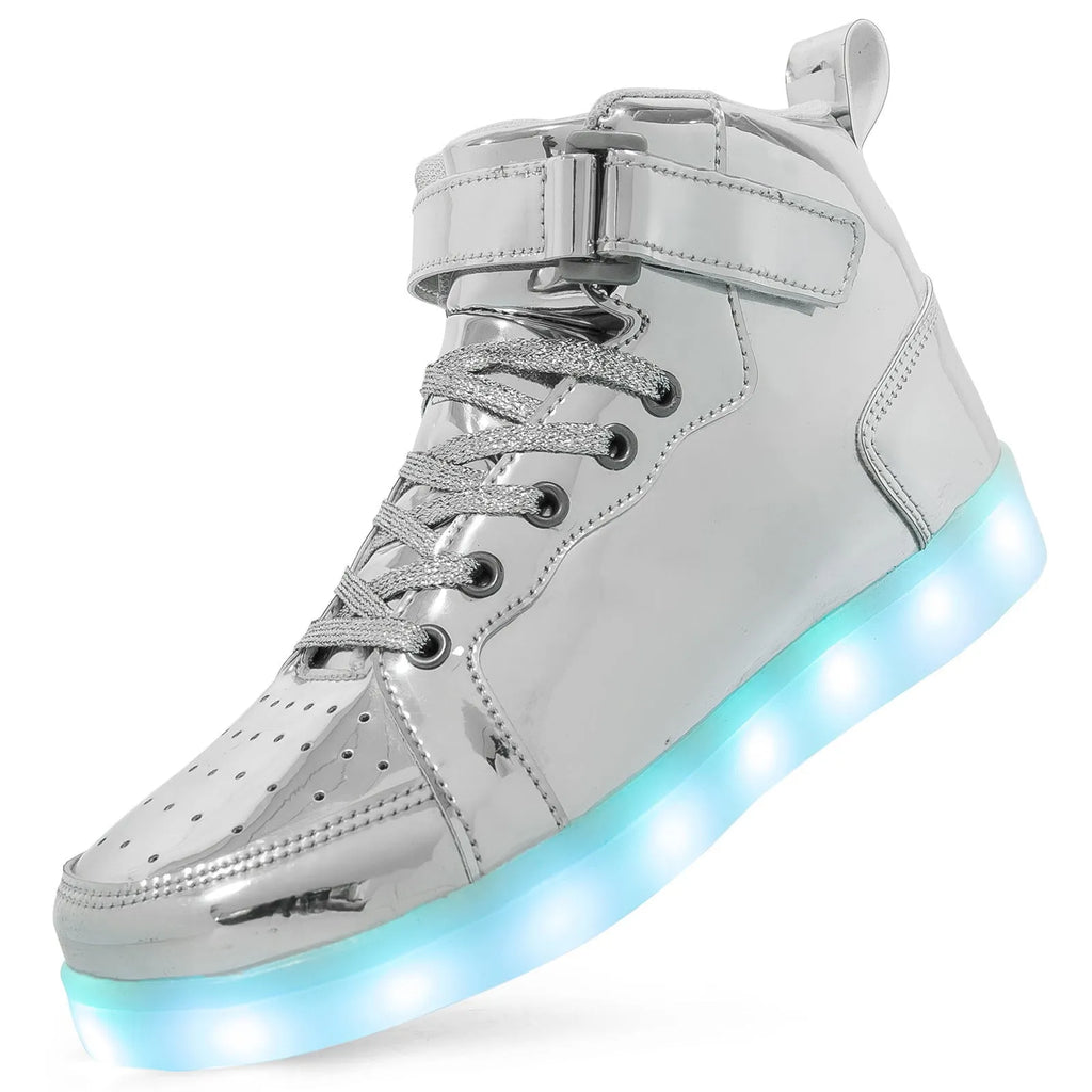 Pair of LED high-top board shoes with lights on, showing Velcro fastening and rubber sole.