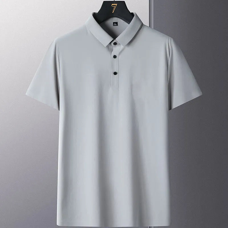 Men's non-ironing solid colour short sleeve business casual shirt on a hanger.