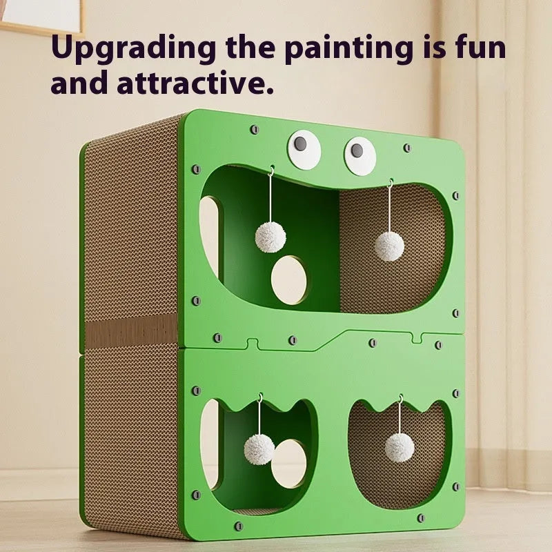 Double-layer cat scratching board and nest in a choice of styles including big eyes, cat head, owl, or double door.