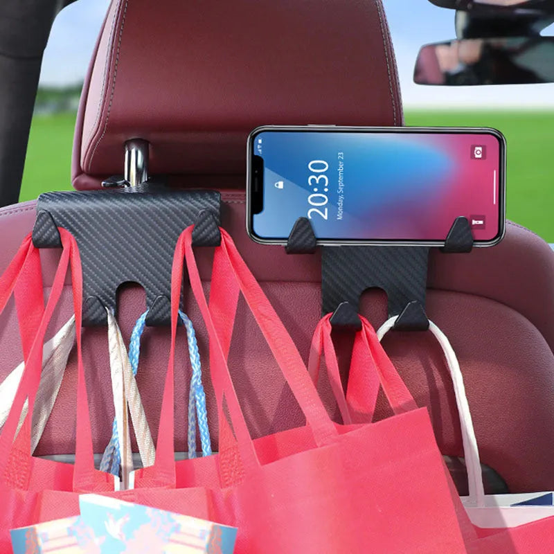Black ABS plastic car seat back hook with integrated mobile phone holder bracket