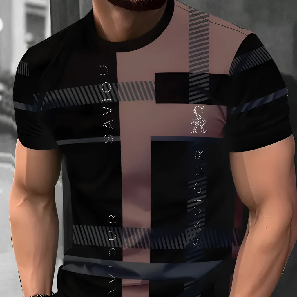 Men's loose fit casual t-shirt with 3D printed striped pattern on polyester fabric.