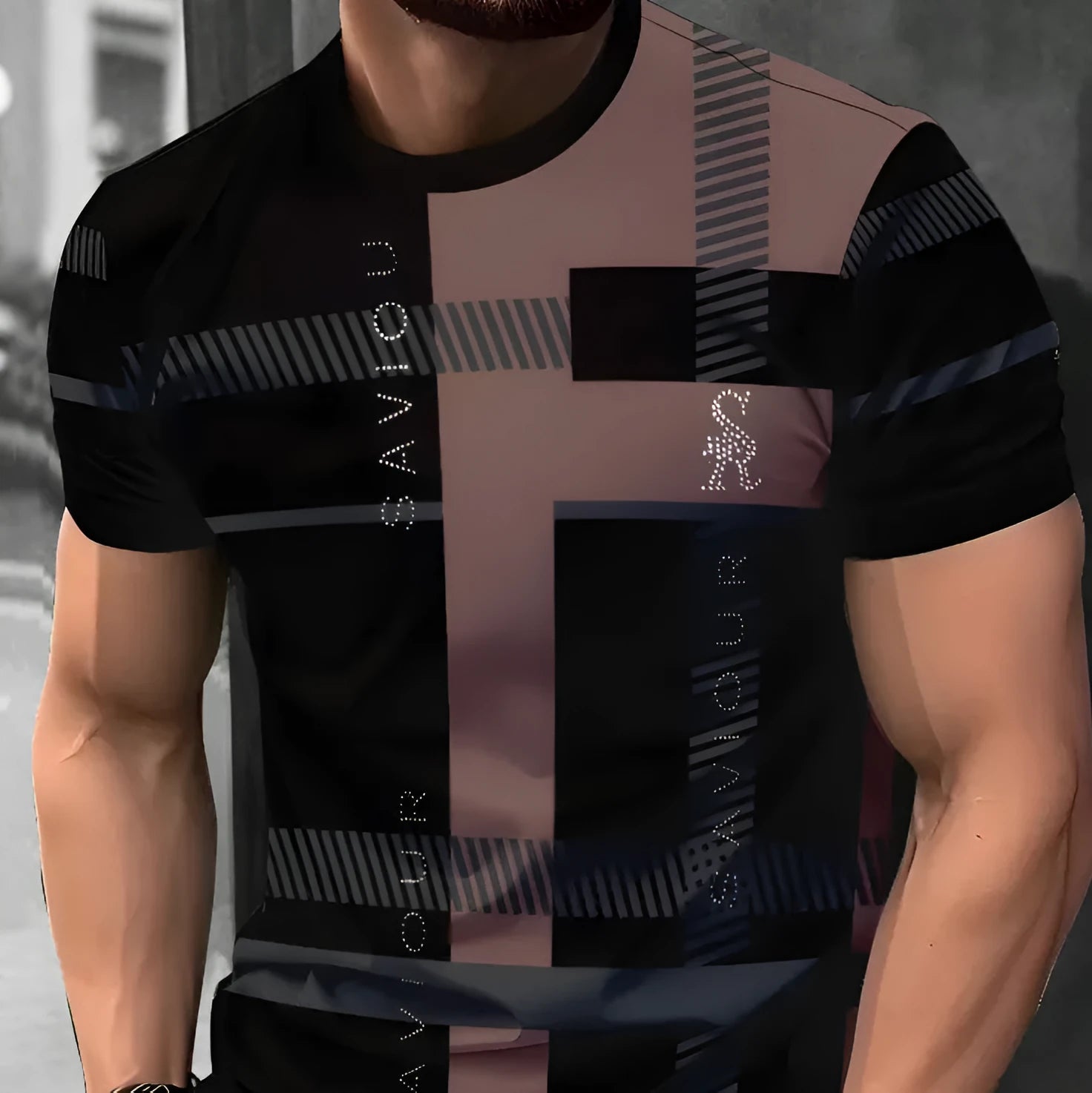 Men's loose fit casual t-shirt with 3D printed striped pattern on polyester fabric.
