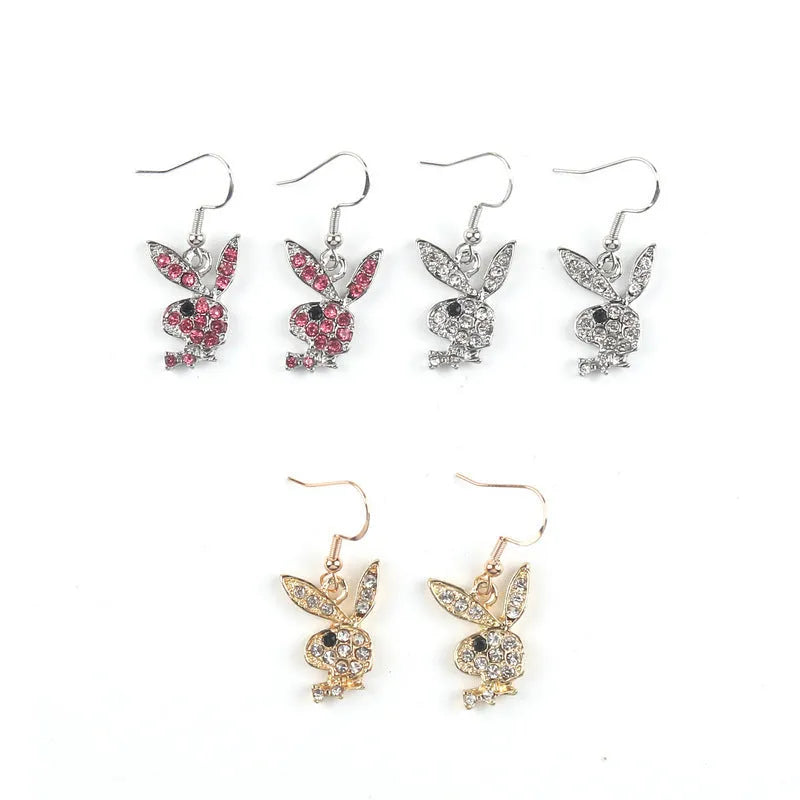 Cute rabbit-shaped stud earrings in silver, pink, and gold colour options.