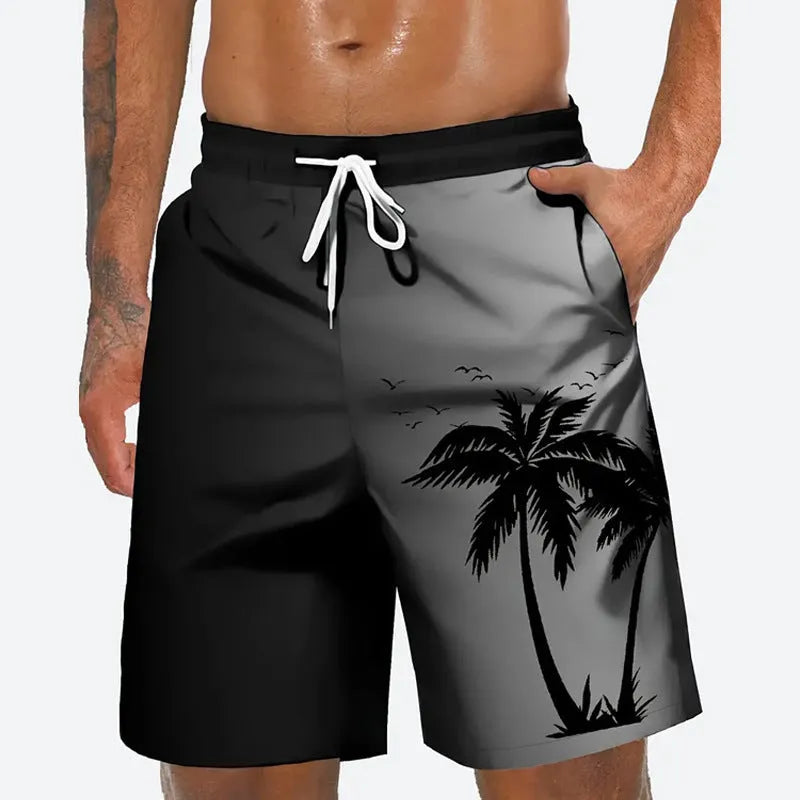 Man wearing loose grey polyester beach shorts, showing sporty casual style.