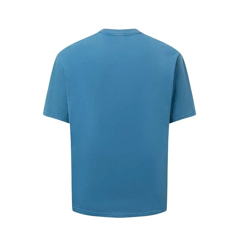 Men's blue American retro style t-shirt with white letter printing and loose fit design