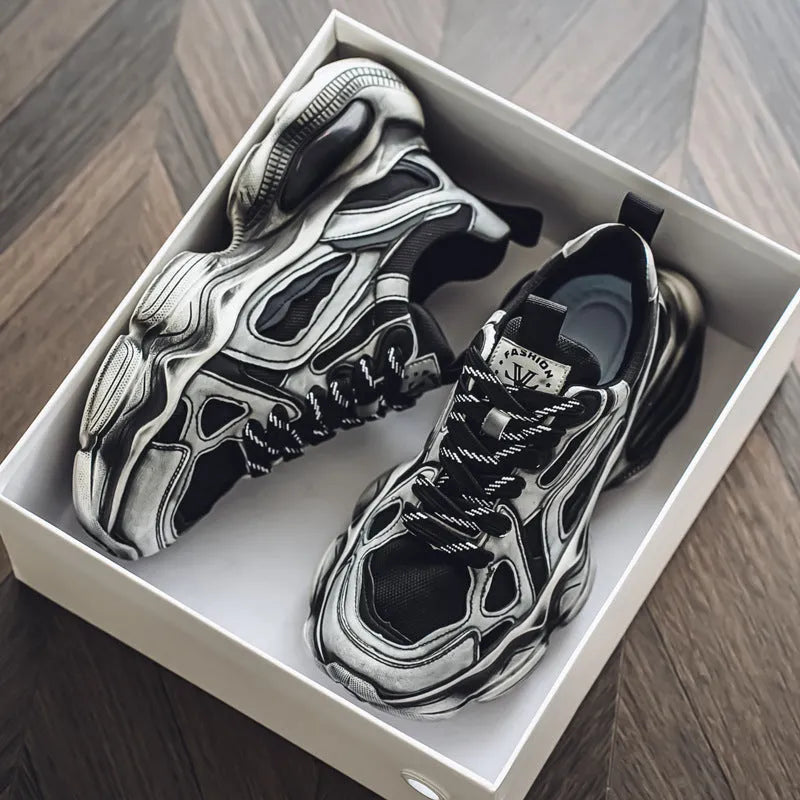 Men's black mesh sneakers with platform sole, lace-up design, and cross belt detail