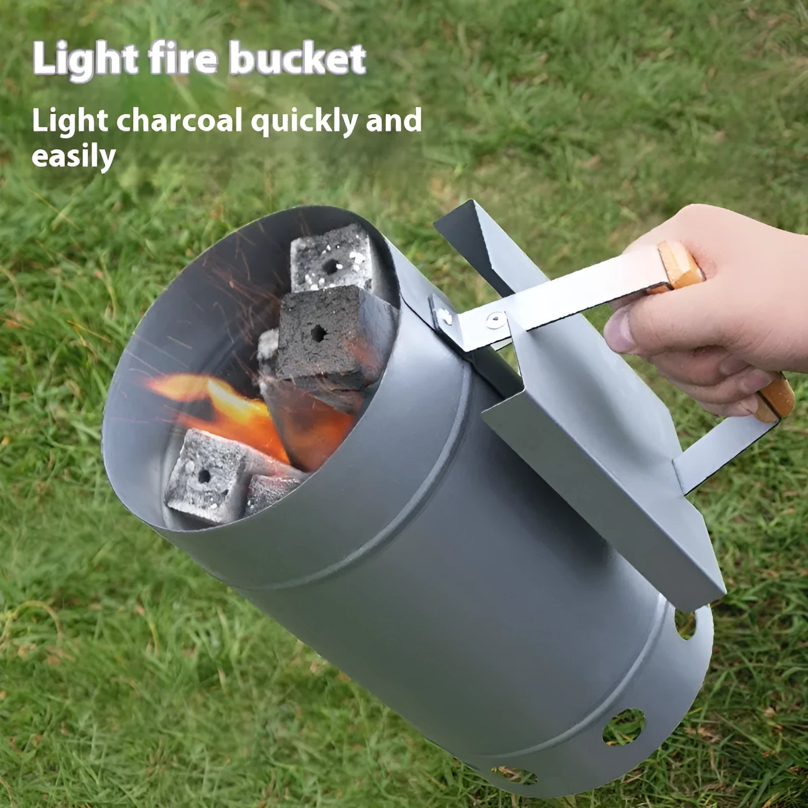 Zinc-iron alloy outdoor charcoal fire starter tool with pointed carbon barrel design.