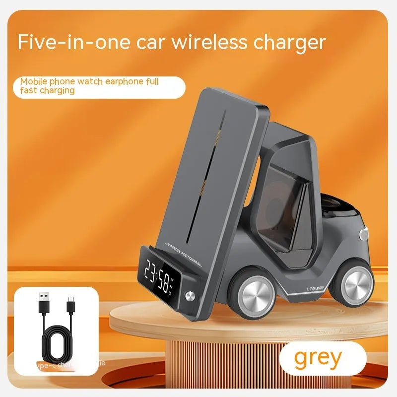Grey 15W wireless fast charging phone stand bracket on a wooden desk.