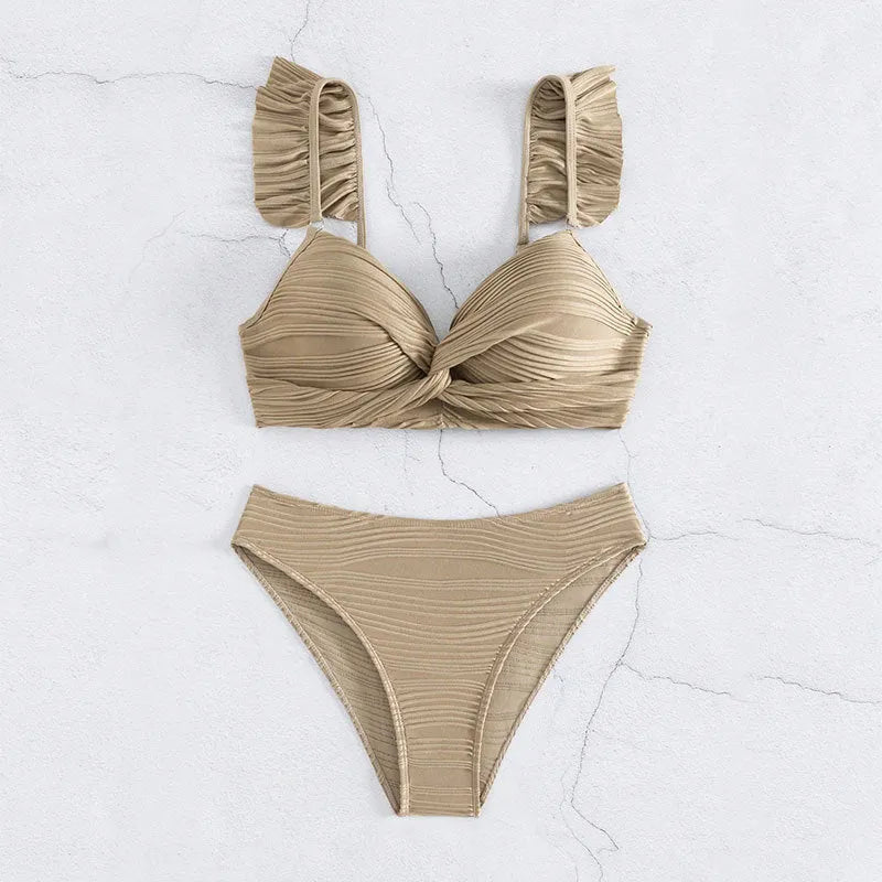 Solid colour women's bikini swimsuit in black or khaki options with polyester fabric