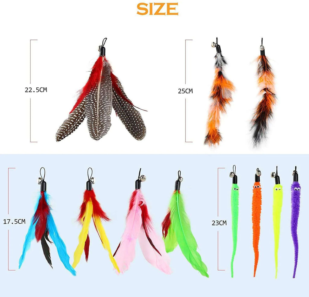 Cat teaser fishing rod set with two telescopic rods and 10 feather replacement heads