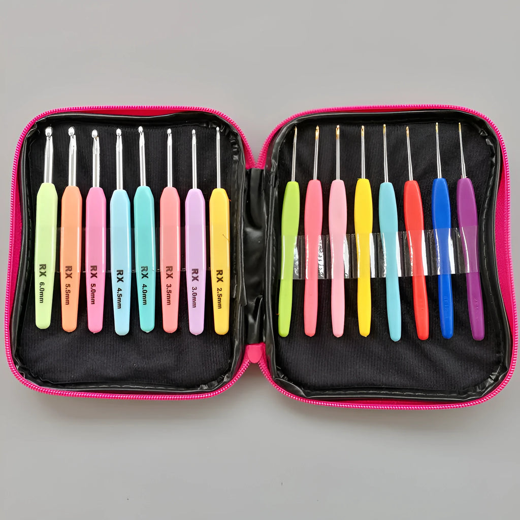 Set of 16 crochet hooks with soft and hard handles in a black PU storage bag.