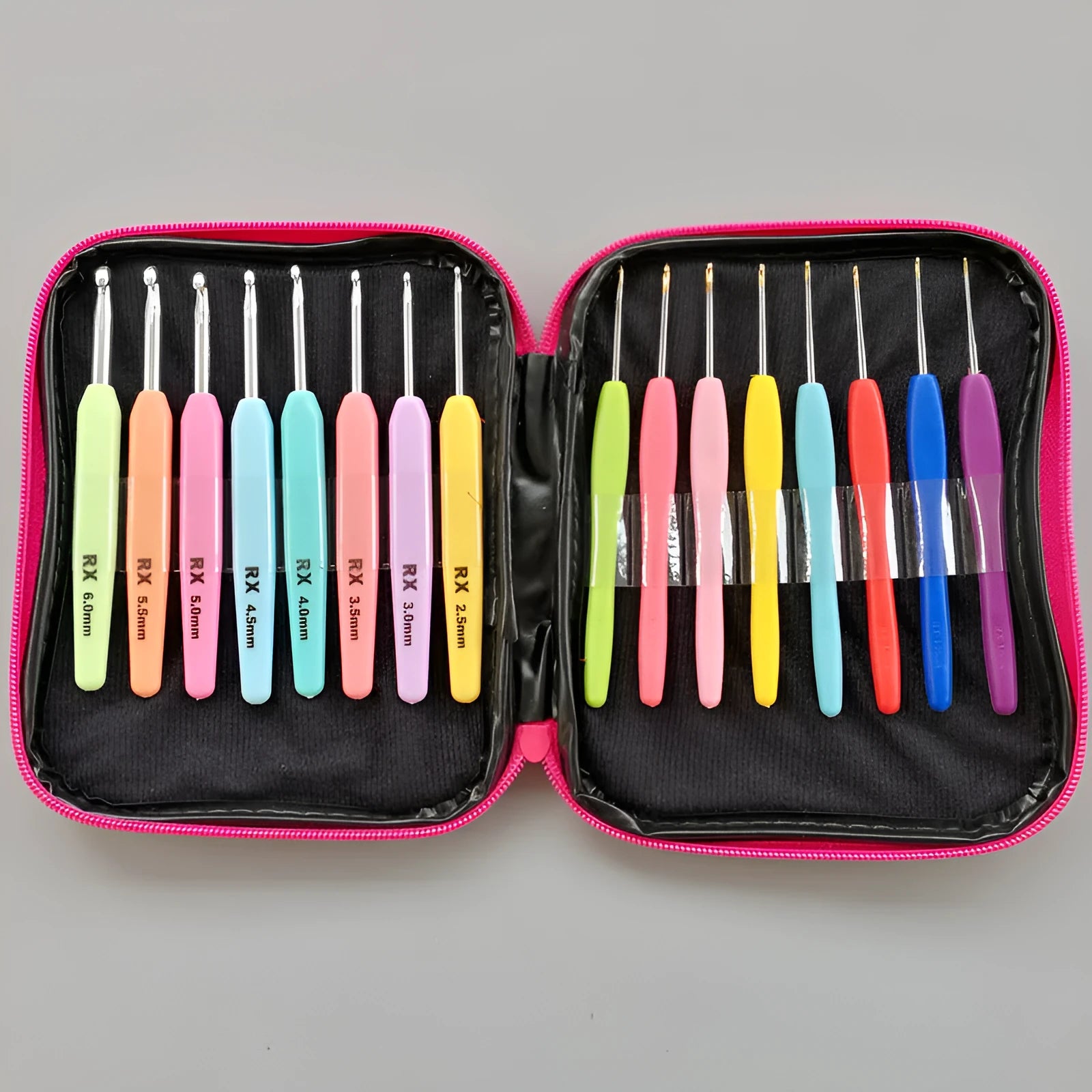 Set of 16 crochet hooks with soft and hard handles in a black PU storage bag.